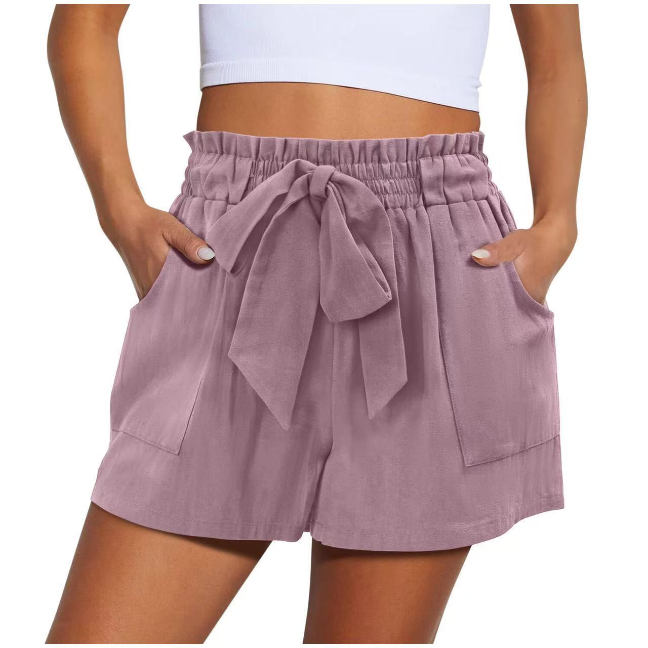 Summer New Elastic Waist Drawstring Knotted Short Solid Color Casual Women