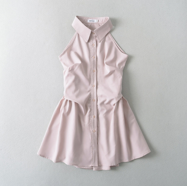 2024 Summer New Pure Desire Style Slim Fit Slimming Waist Pleating Sleeveless Shirt Dress Polo Collar Dress