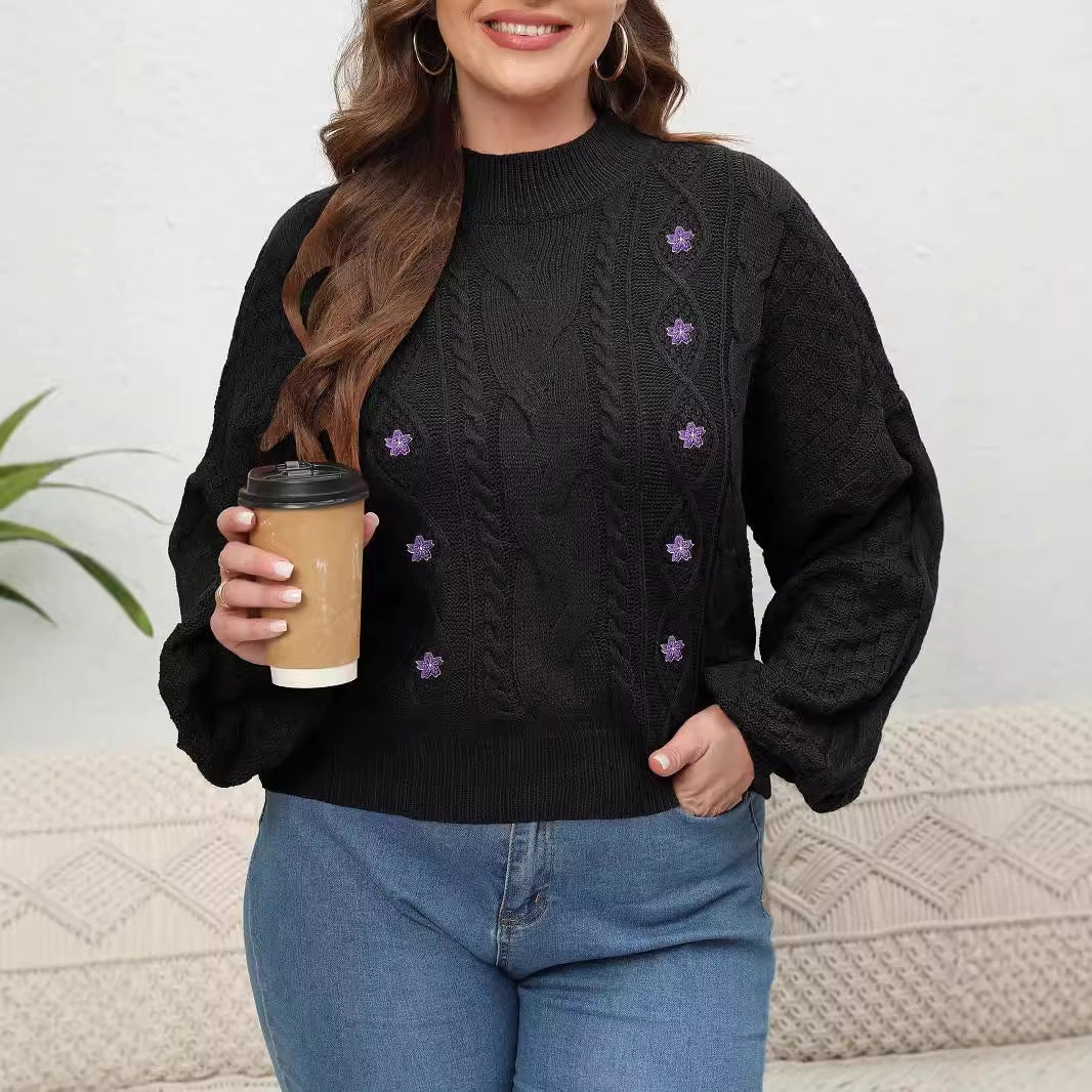 Women's Woven Sweater Plus Size Half-turtleneck Lantern Sleeve Flower Sweater