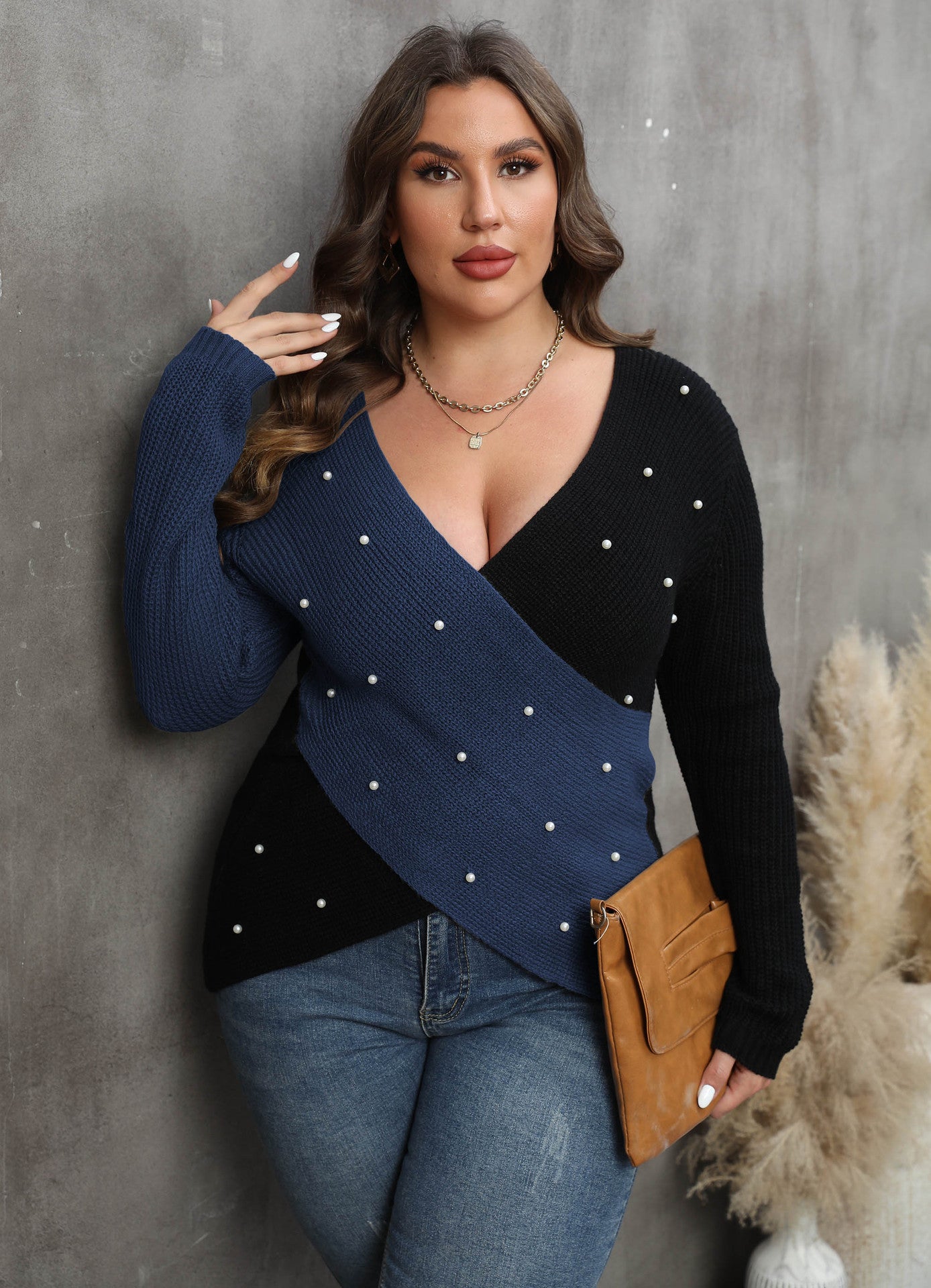 Plus Size Women's Color Contrast Patchwork Deep V Cross Sexy Beaded Sweater