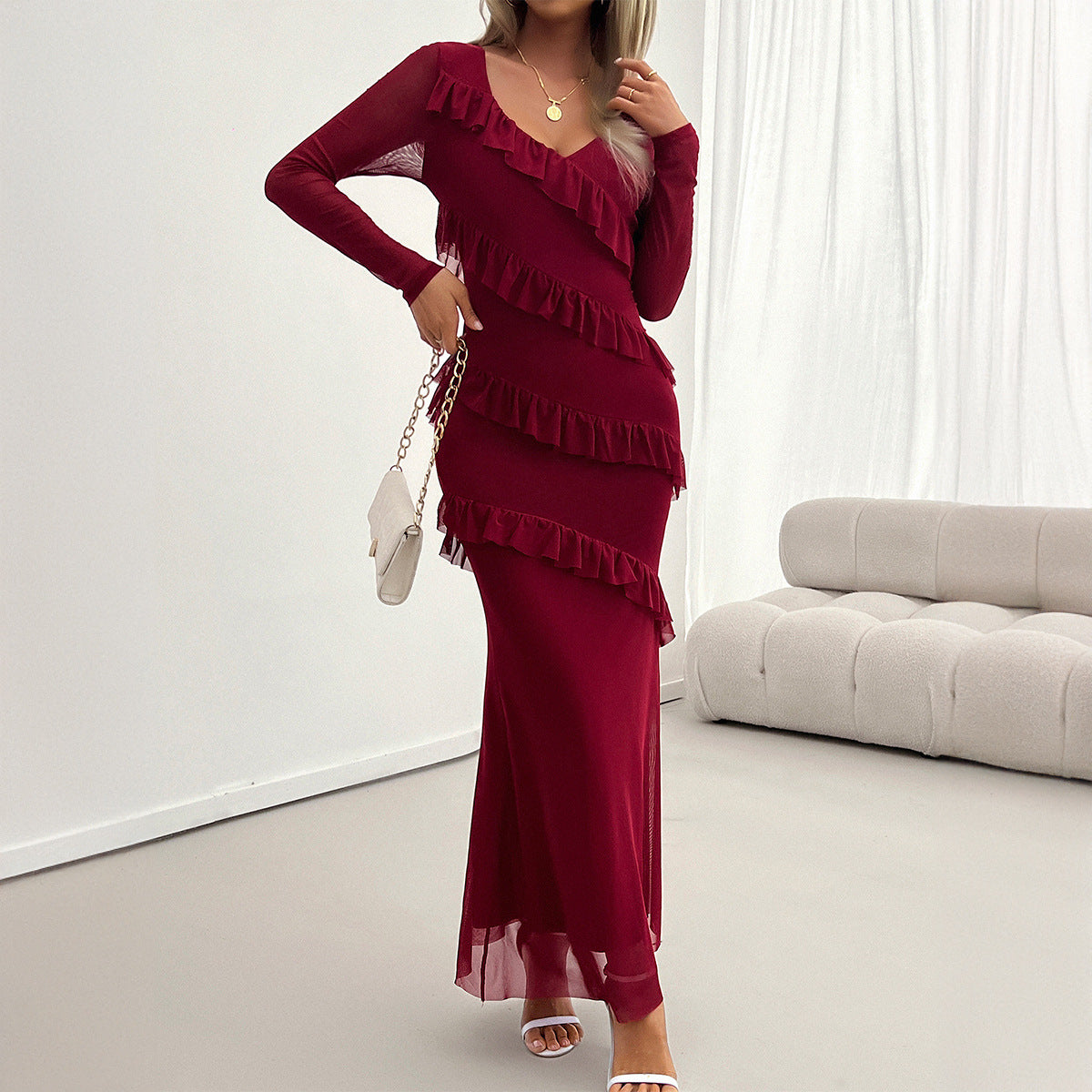 Women's Elegant Slim Fit Mesh V-neck Dress