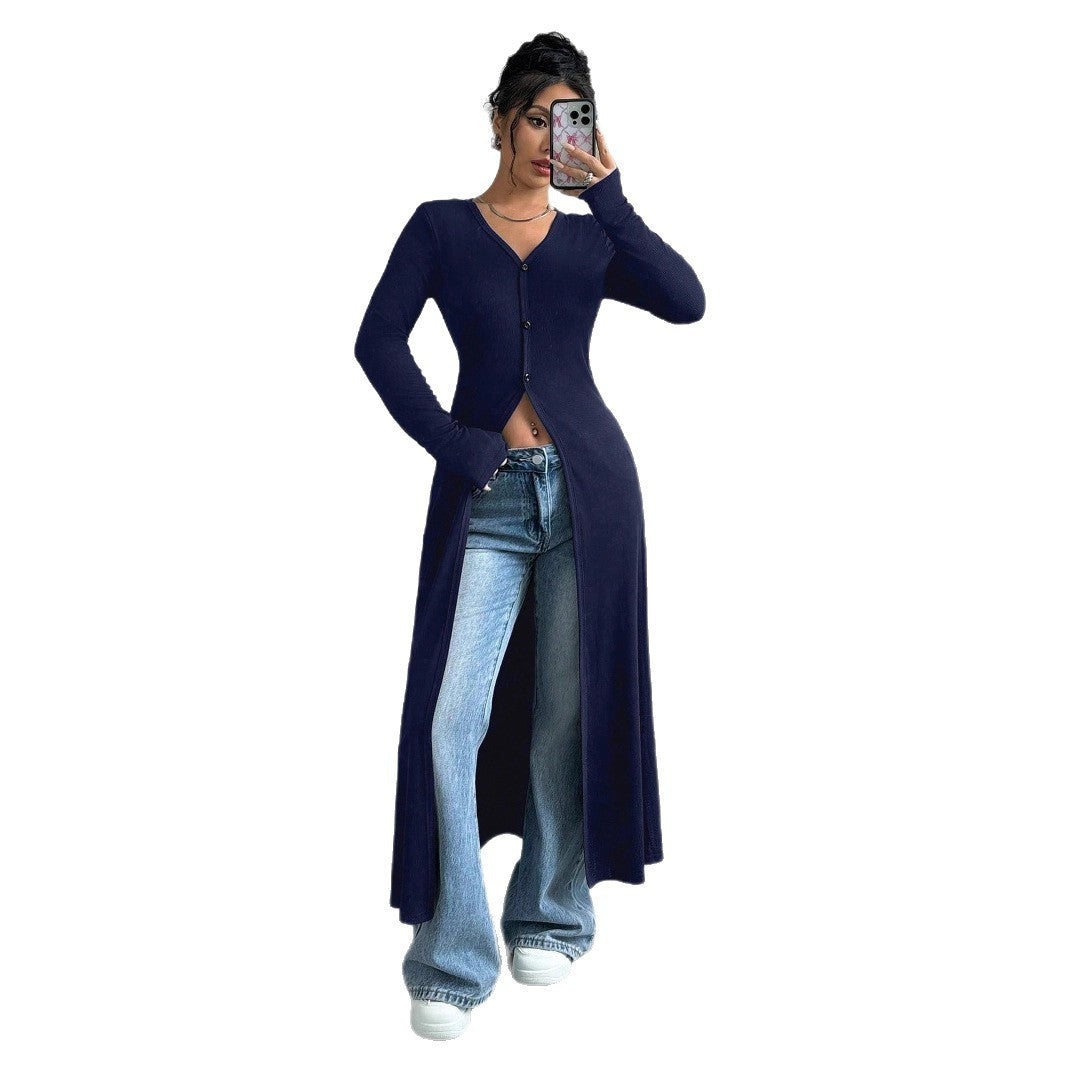 European And American Solid Color Long Button Cardigan Slim Fit Slimming Top Women