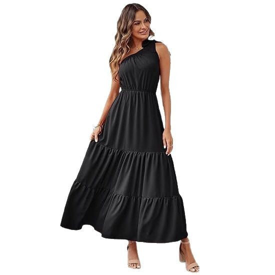 New Women's Solid Color Long Dress Knot One Shoulder Sleeveless Pleated
