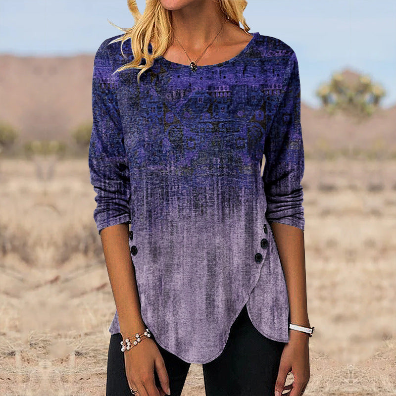3D Digital Retro Printed Button Irregular Hem Round Neck Long Sleeve