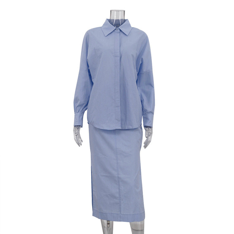 Cotton Lapel Long Sleeve Cardigan Top Split Skirt Commuting Suit