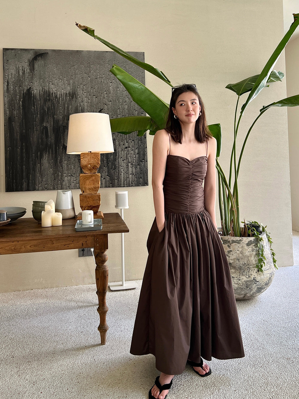 Cotton Pleated V-neck Waist Strap Low Waist Mid Length Dress