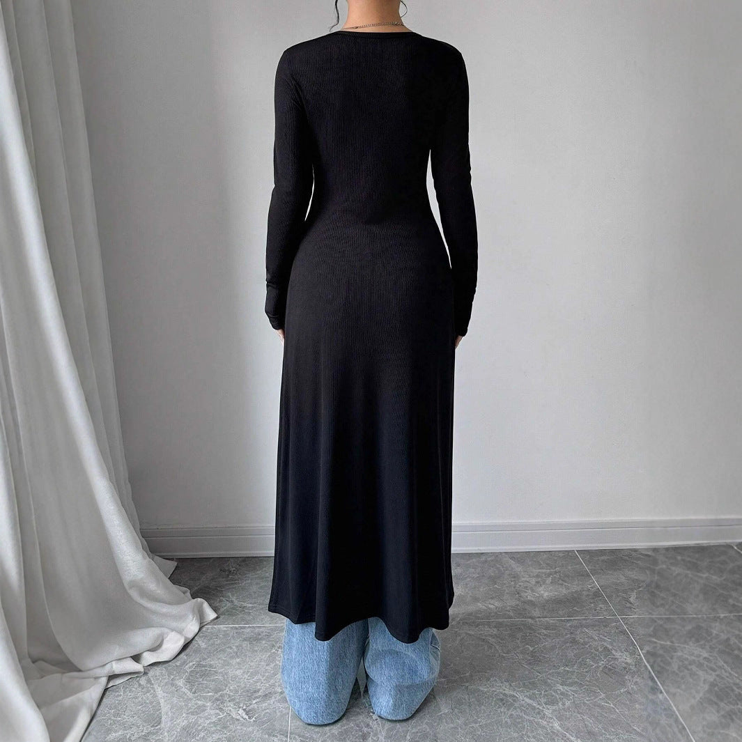 European And American Solid Color Long Button Cardigan Slim Fit Slimming Top Women