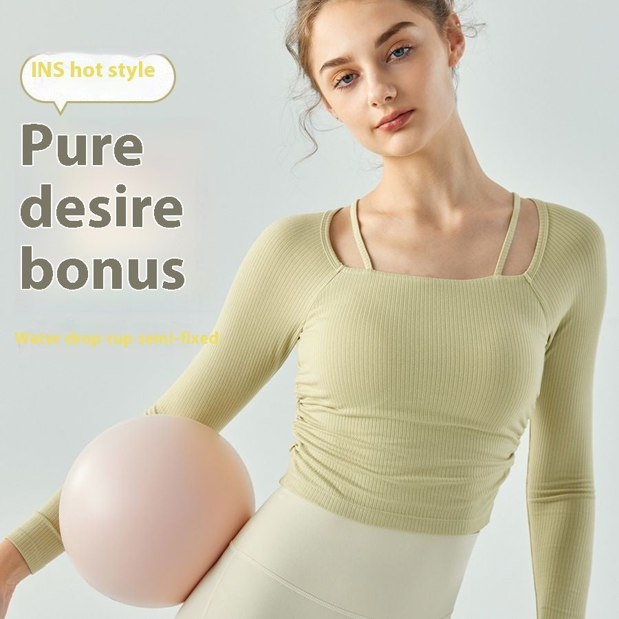 Pure Desire Style Yoga Long-sleeved Women's Autumn And Winter Semi-fixed Cup Spaghetti Strap Sports T-shirt
