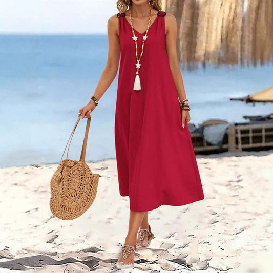 Elegant Women's Buckle V-neck Sleeveless Dress