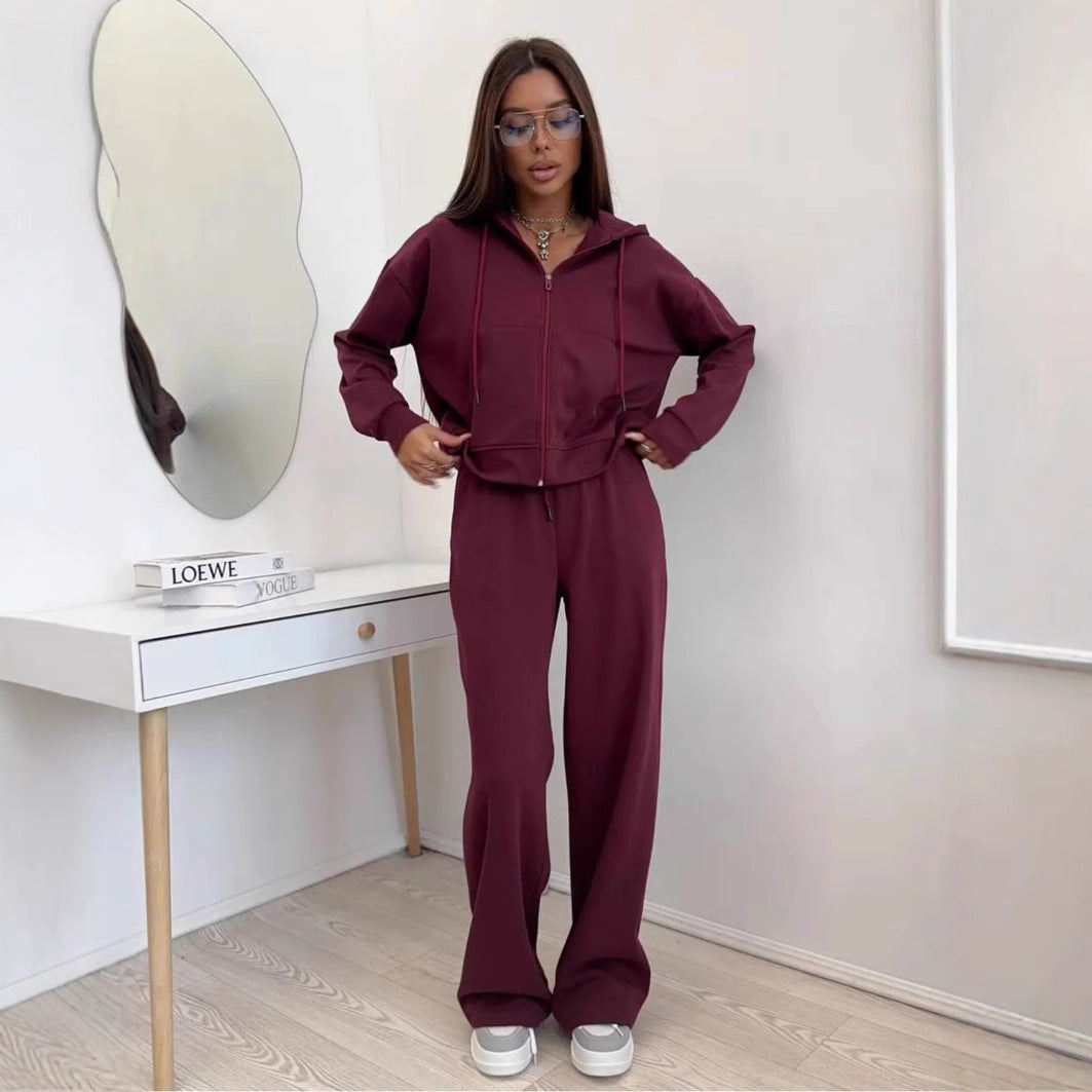 European And American Solid Color Long Sleeve Zipper Cardigan Hoodie Lace-up Trousers Two-piece Set