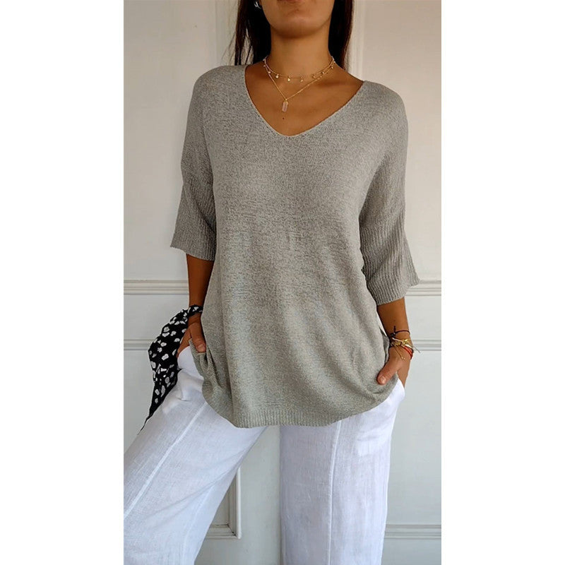 Knitwear Casual Sweater Slimming V-neckline 34 Sleeve Women's Bottoming Shirt