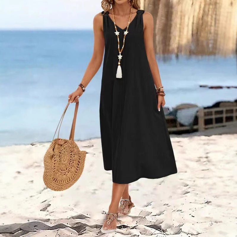 Elegant Women's Buckle V-neck Sleeveless Dress