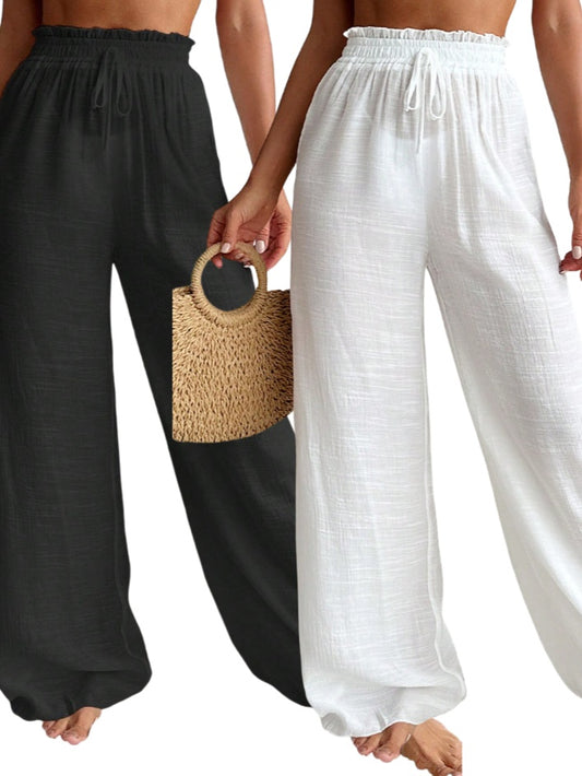 2pcs Women White High Waist Ruffle Tied Wide Leg Beach Swimsuit
