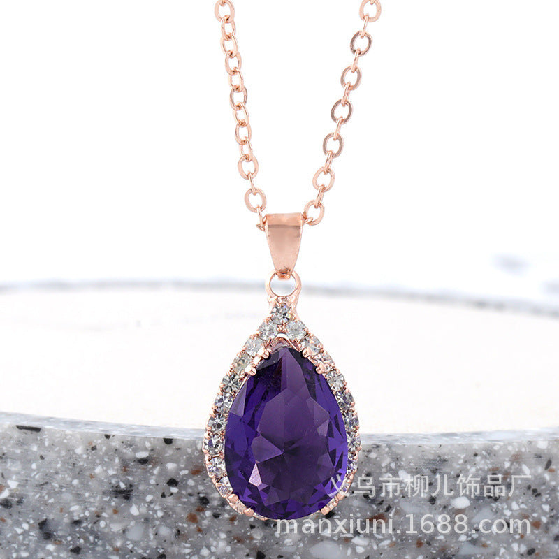 Water Drop Rose Gold Rhinestone Elegant Pink Color Necklace