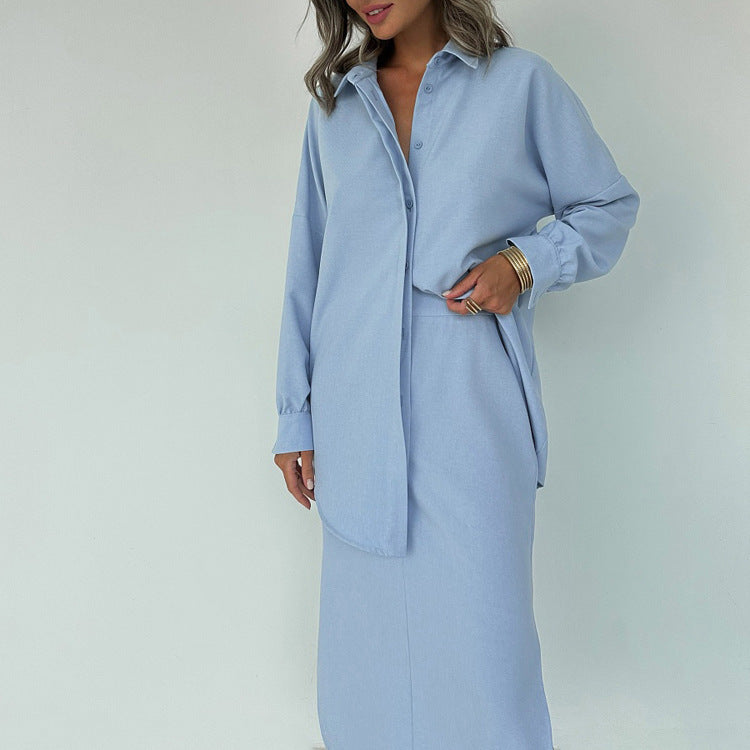 Cotton Lapel Long Sleeve Cardigan Top Split Skirt Commuting Suit