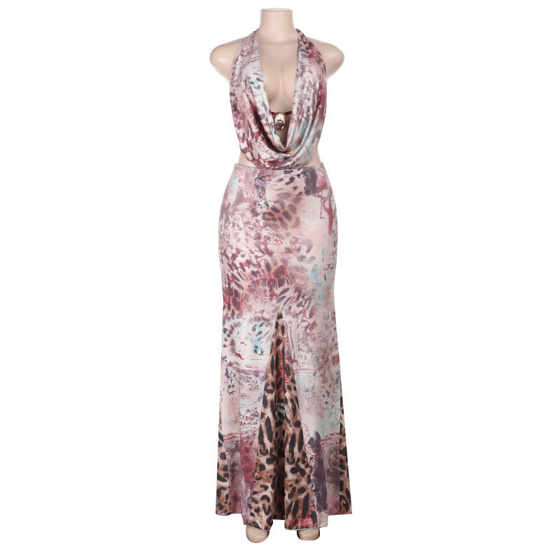Spaghetti-strap Floral Print Waist-baring Summer New Backless Dress