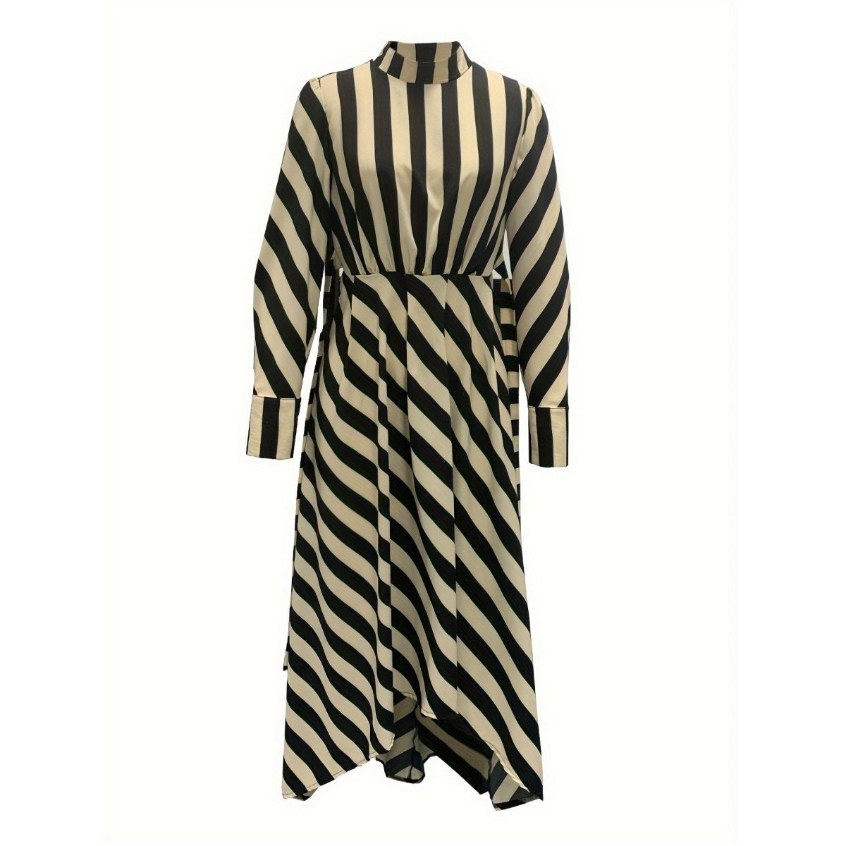 Elegant Long Sleeve Striped Long Large Hem Dress