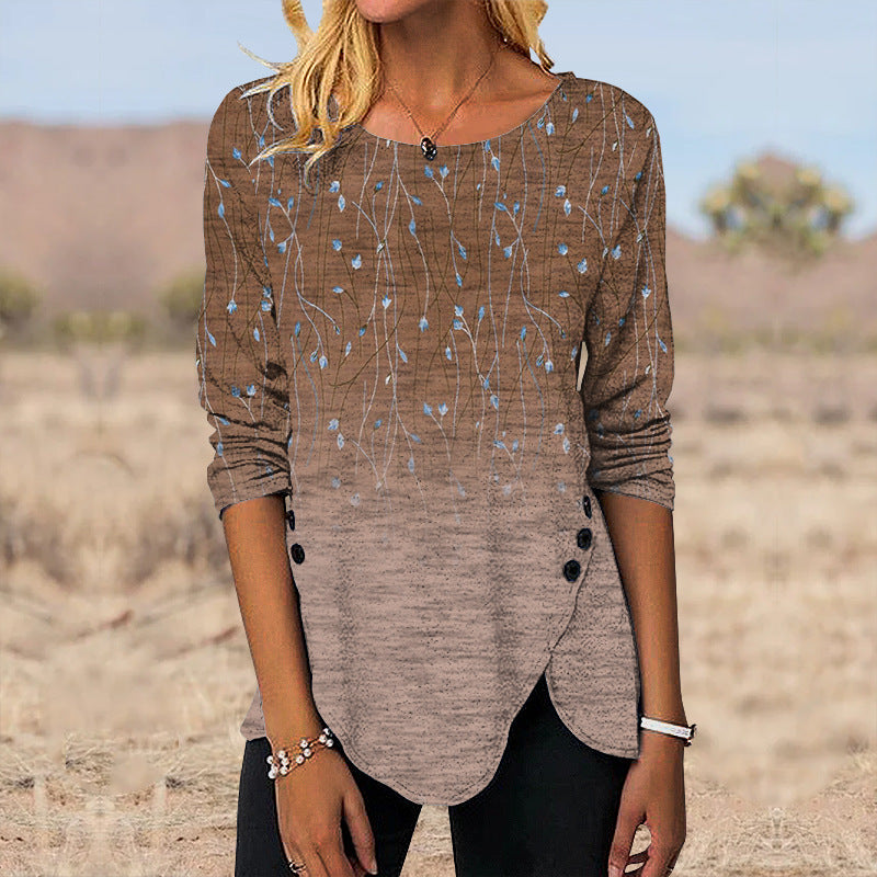 3D Digital Retro Printed Button Irregular Hem Round Neck Long Sleeve